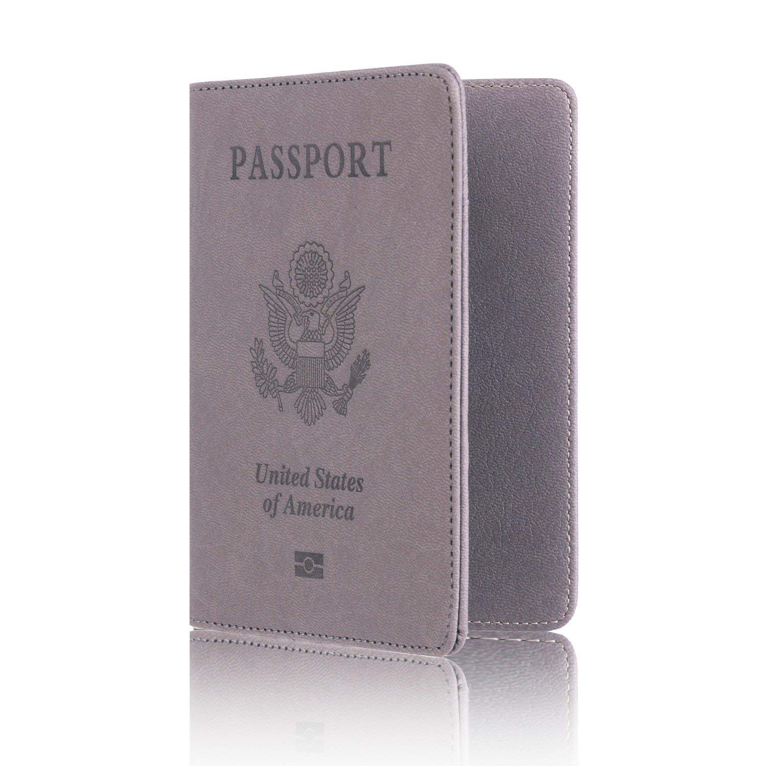 Leather Passport Holder Cover Leather Rfid Blocking Passport Wallet Case for Men Women, Gray V1